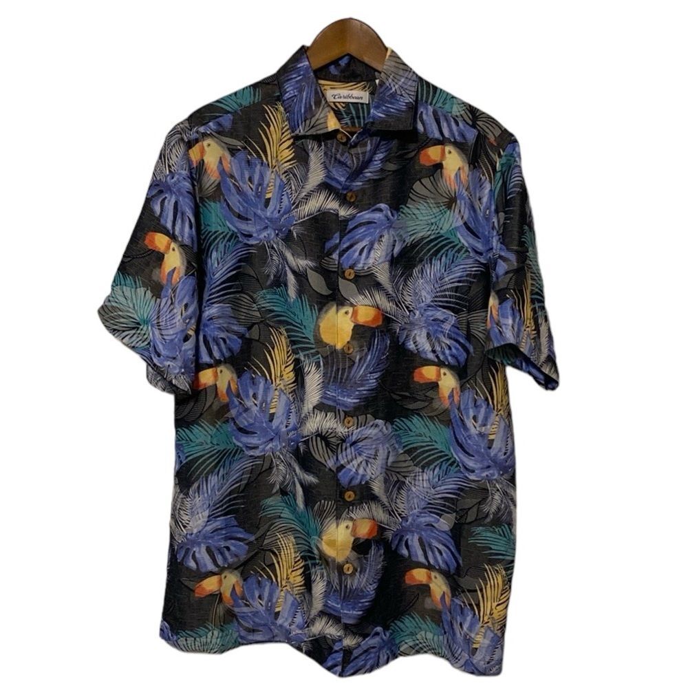 Caribbean Hawaiian Button Down Short Sleeve Shirt Parrot Palms Modal Blend